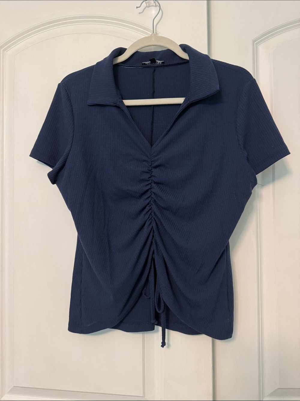 Express Navy Ruched Collared Short Sleeve Top